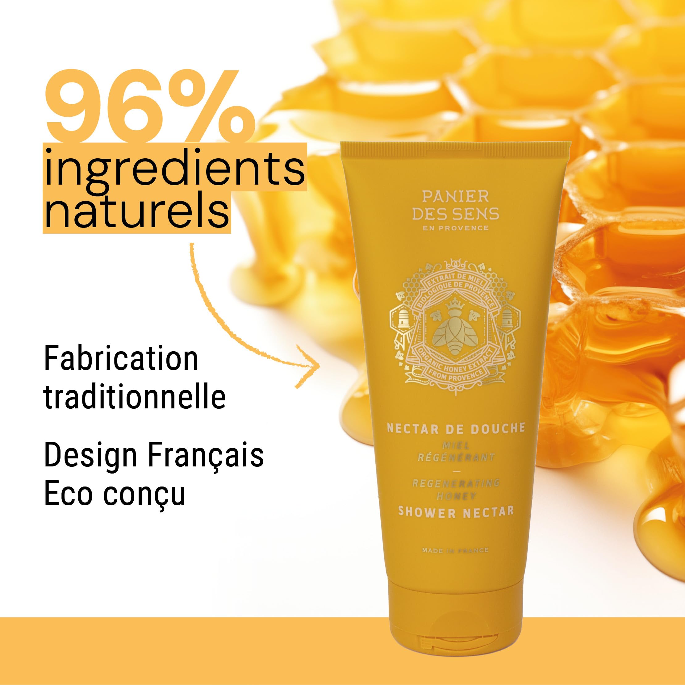Panier des Sens – Honey Shower Gel - Foaming Body Wash Women & Men - Moisturizing Body Soap with Glycerin, Organic Honey Extract - 96% Natural Ingredients Body Care - Liquid Body Wash - 6,76 floz